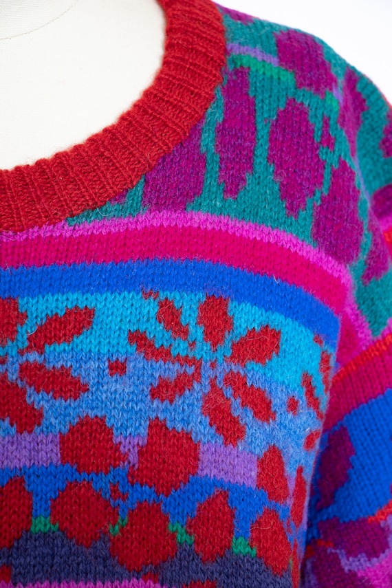 1990s Sweater Wool Bright Oversized Hand Knit M - image 9