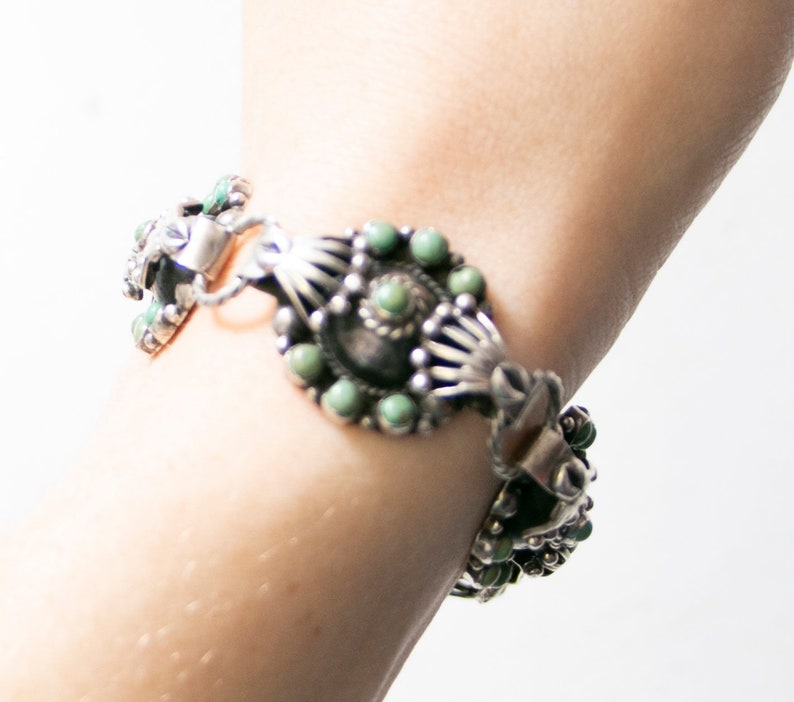 1930s Bracelet Sterling Taxco Wrought Turquoise Links