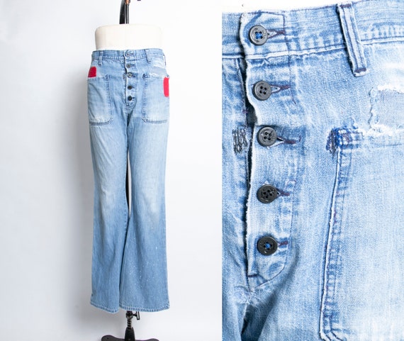 1970s Bell Bottom Jeans Distressed Patched Denim 3