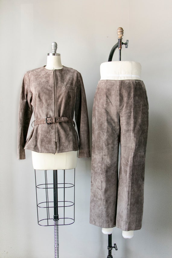 1980s Anne Klein Suede Ensemble Pants Jacket S