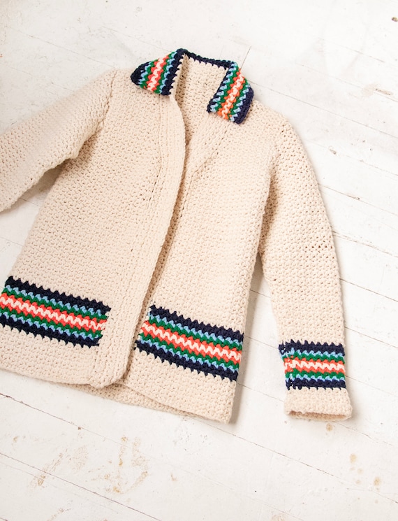 1970s Sweater Hand Knit Chunky Grannie Cardigan M - image 2