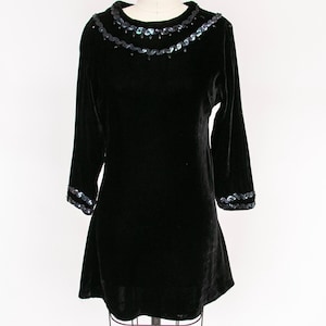 1960s Mini Dress Velvet Sequin Black Mod S
