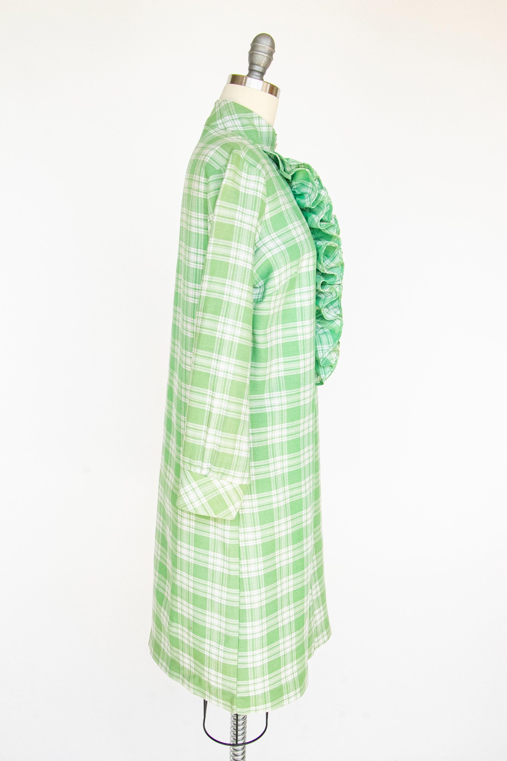 green gingham shirt dress 1960s Ruffle Plaid Shift M Gingham cindy