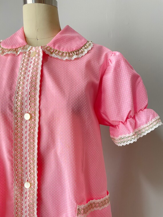 1970s Smock Lounge House Dress Pink Dots S - image 7