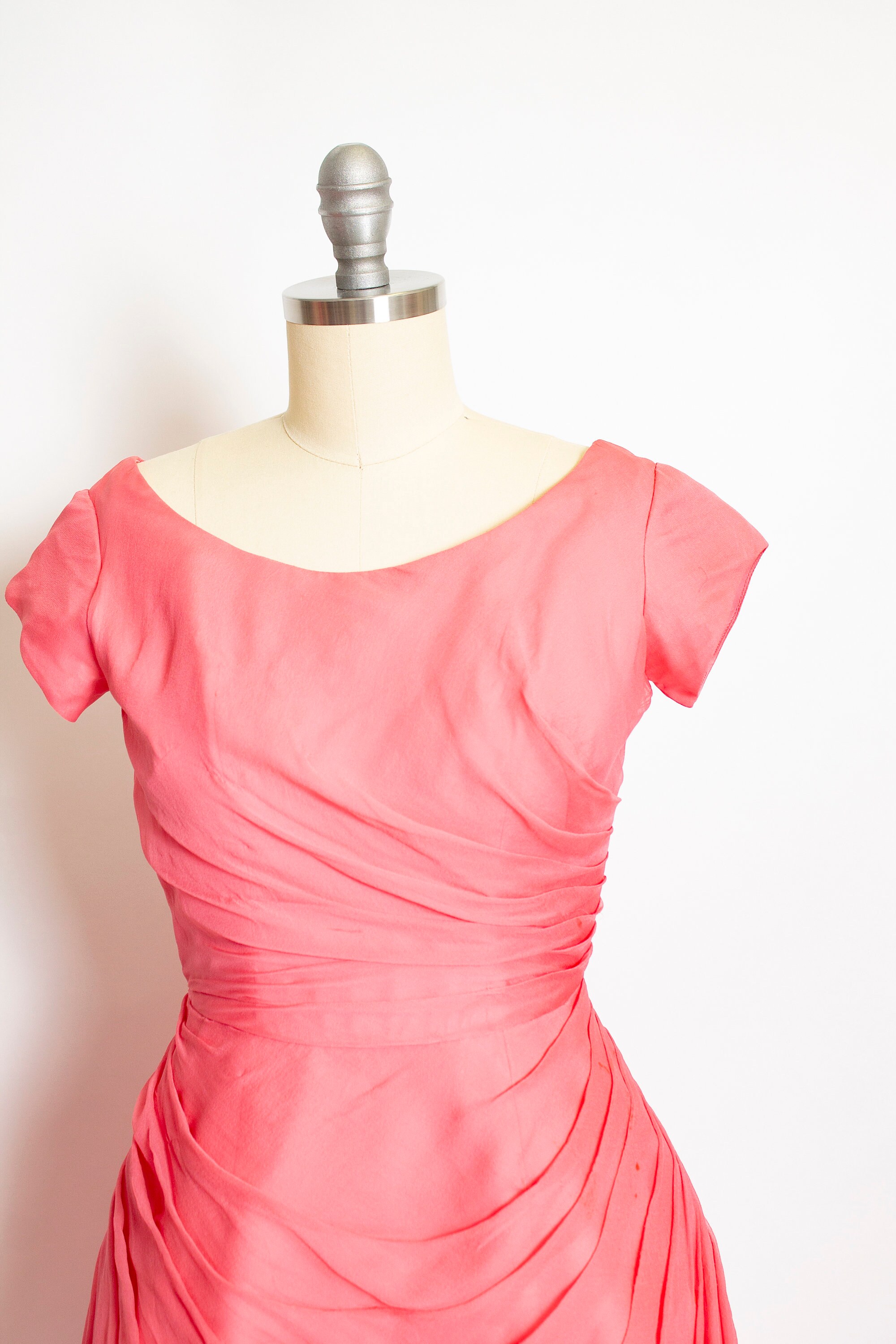 1950s pink chiffon dress Vintage Pink 1950s Short Cocktail Prom Dresses Tea Length Satin Evening Gowns