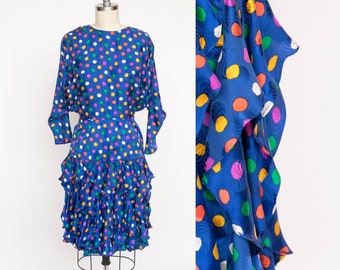 1980s Dress Silk Ruffle Polka Dot Print XS P