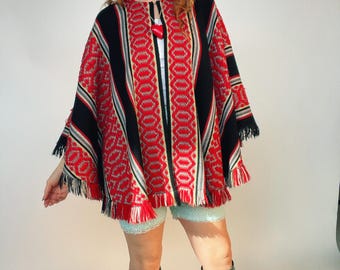 1970s Cape Woven Fringe Poncho Wool