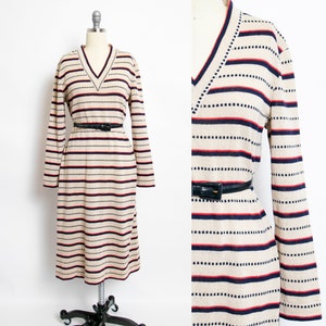 1970s Dress Knit Striped Long Sleeved Designer Belted L