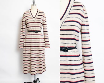 1970s Dress Knit Striped Long Sleeved Designer Belted L