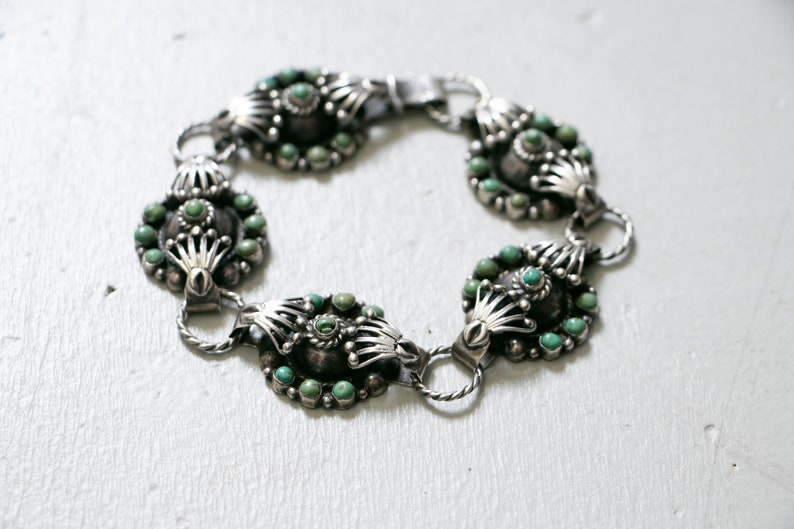1930s Bracelet Sterling Taxco Wrought Turquoise Links