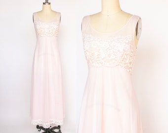 1960s Nightgown Nylon Chiffon Sheer Full Slip Dress S