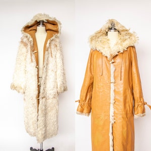 1970s Coat Leather Shearling Curly Fur Lamb Reversible Hooded M image 1