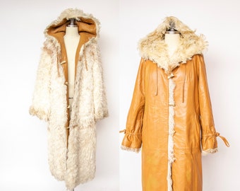 1970s Coat Leather Shearling Curly Fur Lamb Reversible Hooded M