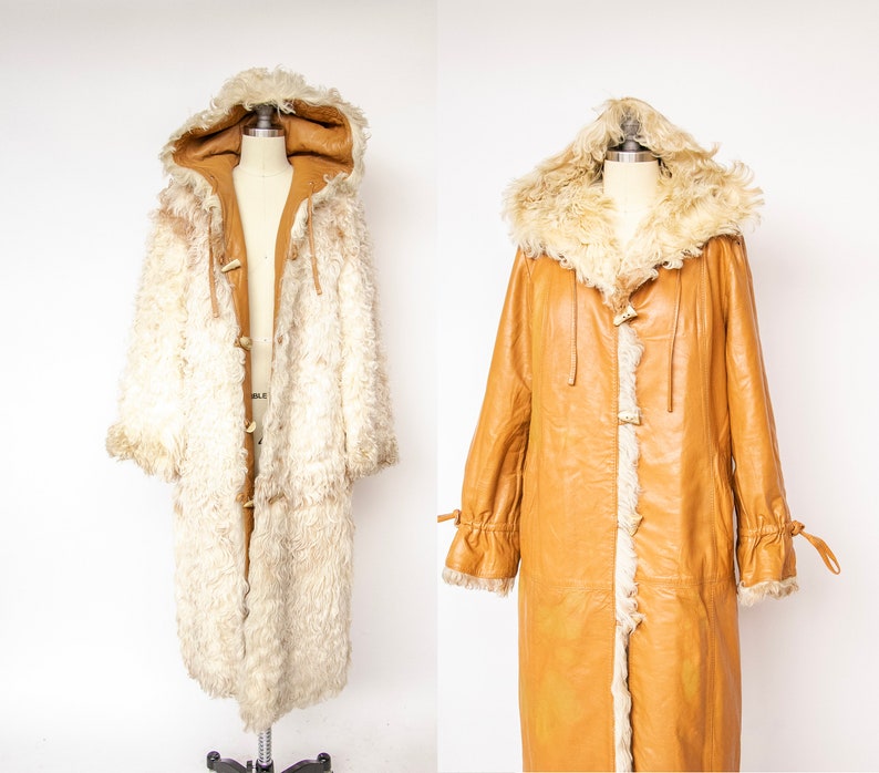 1970s Coat Leather Shearling Curly Fur Lamb Reversible Hooded M image 1