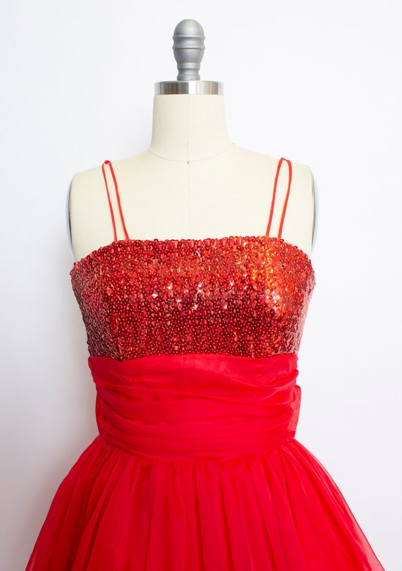 1950s Dress Red Chiffon Sequins Full Skirt S - image 4