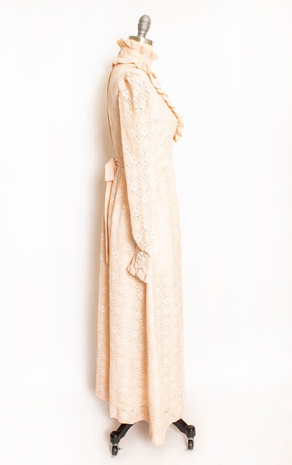 1970s Maxi Dress Beige Nude Lace Peasant Prairie S - image 3