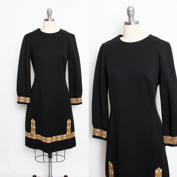 Vintage 1960s Dress Black Wool Knit Long Sleeve Mod 60s Small S