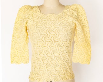 1970s Crochet Blouse Semi Sheer Knit Top S
