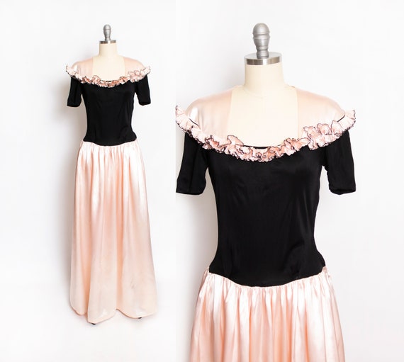 1930s Dress Black Pink Satin Gown XS