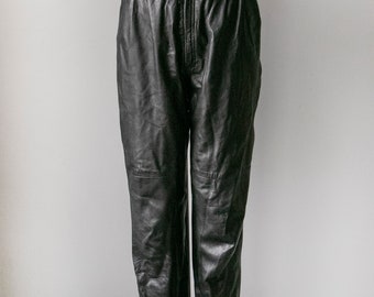 May include: Black leather pants with a high waist and a straight leg.