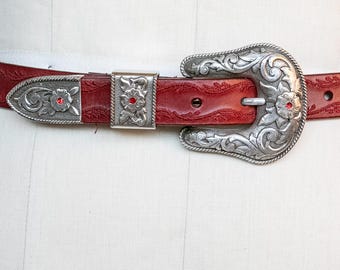Vintage Red Leather Western Belt: Braided Edge, Silver  display picture 1