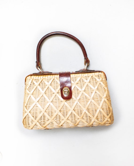 Vintage Basket Purse 1950s Woven Wicker Leather To