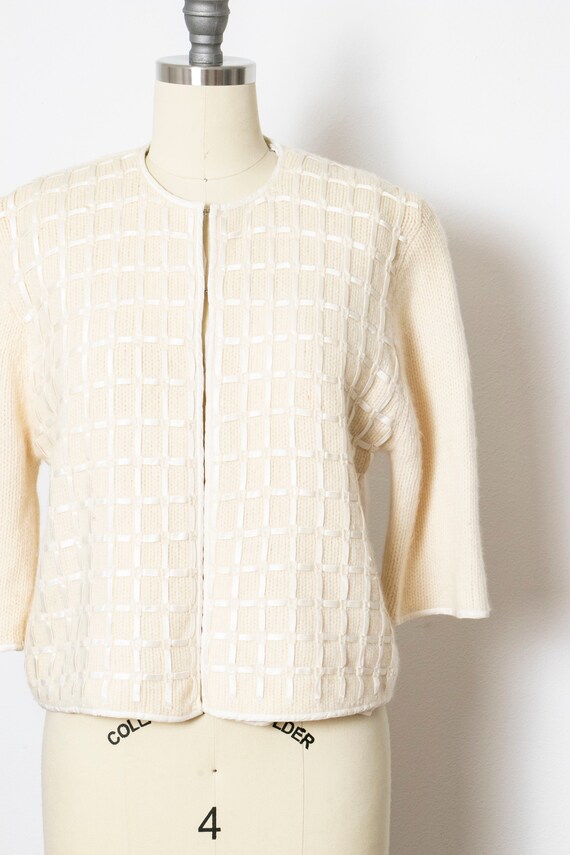 1950s Sweater Wool Knit Cardigan Cream Beaded S - image 9