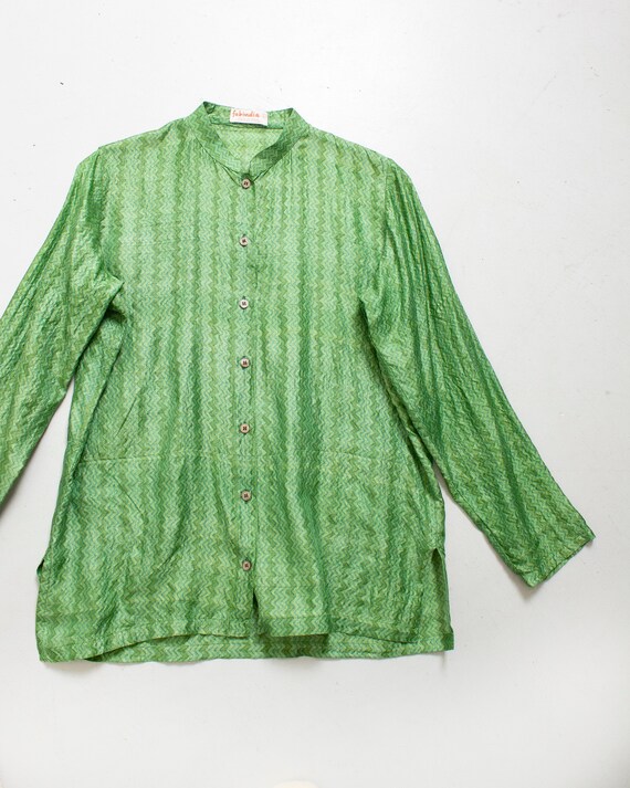 1970s India Silk Blouse Green Sheer Shirt M - image 5