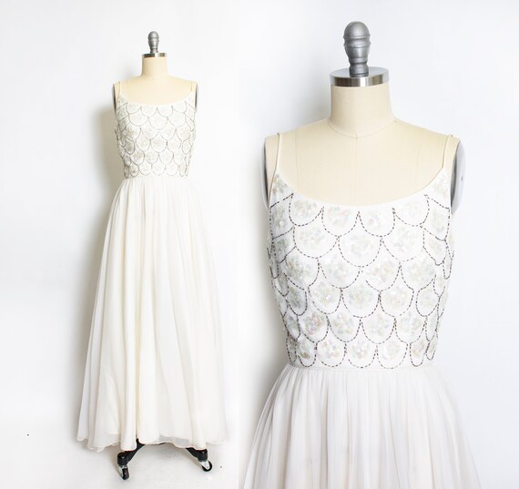 1950s Dress Chiffon Beaded Full Skirt 50s Small