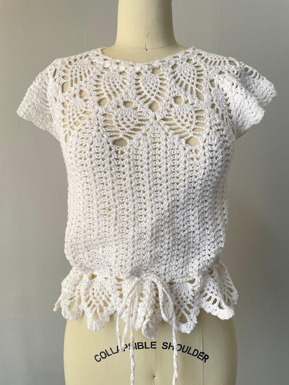 1970s Crochet Blouse Semi Sheer Cotton Top S - image 10
