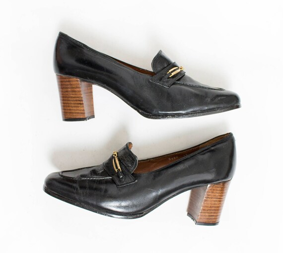 Vintage 1970s Shoes Black Leather Loafer Mod Chunk