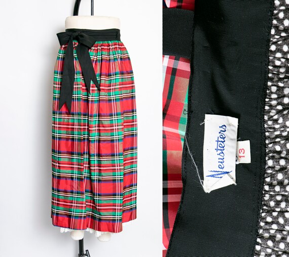 1970s Maxi Wrap Skirt Plaid Taffeta Full Medium