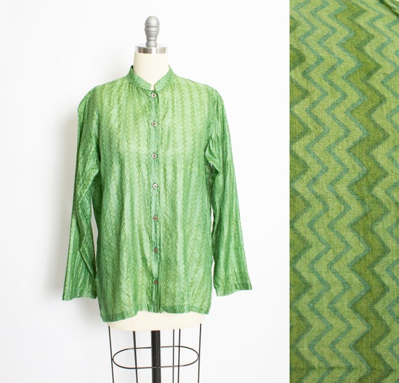 1970s India Silk Blouse Green Sheer Shirt M - image 1