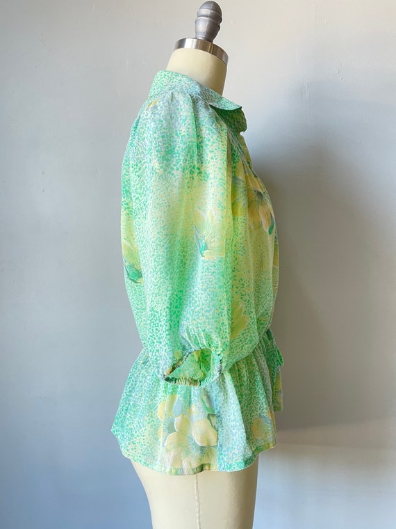 1970s Blouse Semi Sheer Floral Top L - image 2