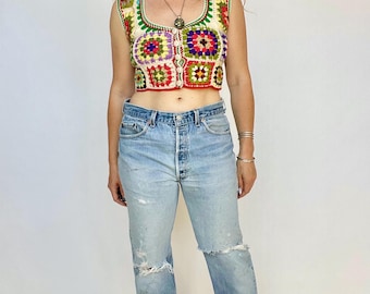 1970s Crochet Vest Wool Knit Top Adolfo Saks 5th Ave Granny Squares XS