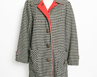 1960s Coat Black White Houndstooth Plaid Wool L