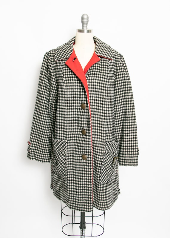 1960s Coat Black White Houndstooth Plaid Wool L