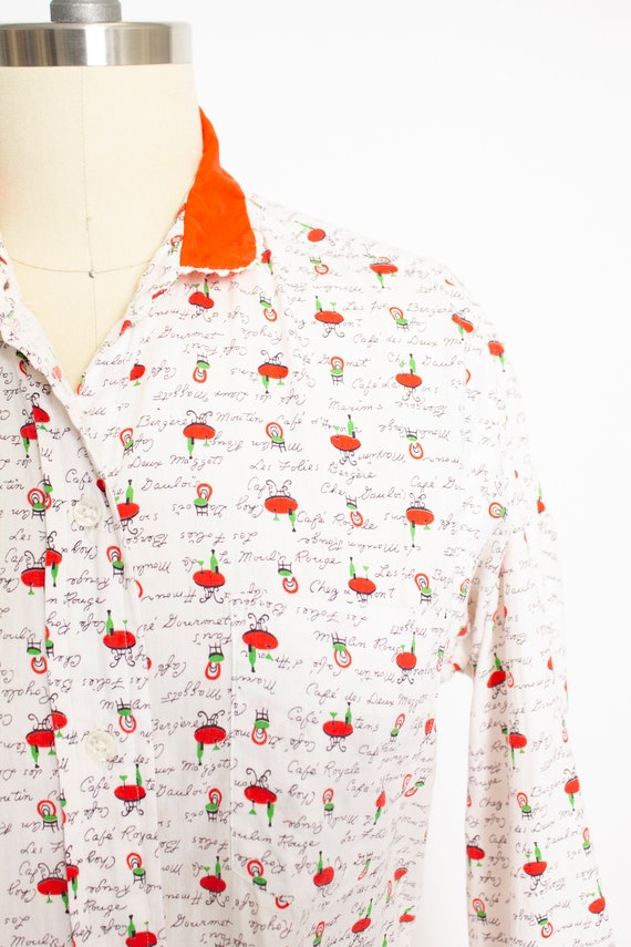 1950s Shirt Novelty Print French Cafe Blouse M - image 5