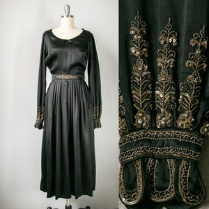 1930s Dress Black Silk Beaded XS image 1