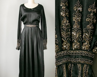 1930s Dress Black Silk Beaded XS