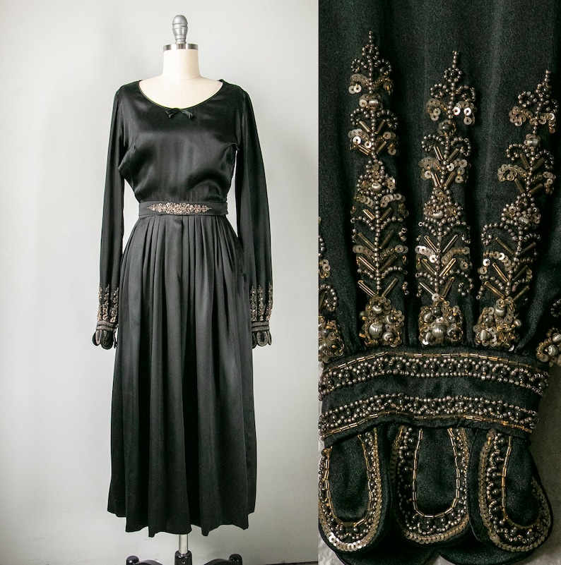 1930s Dress Black Silk Beaded XS image 1