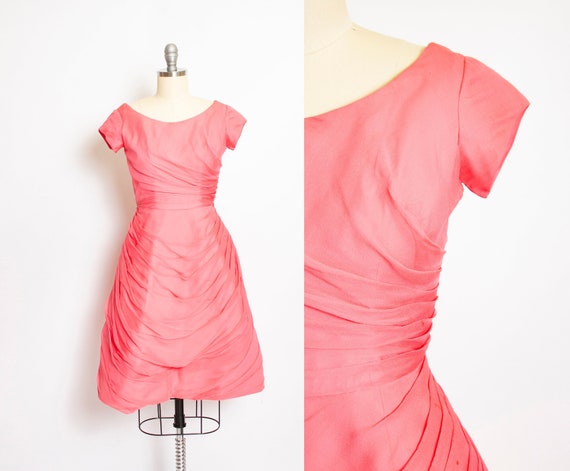 1950s Dress Pink Chiffon Ruched XS - image 1