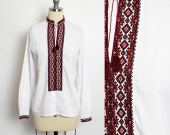 1970s Blouse Embroidered Ivory Boho Top S