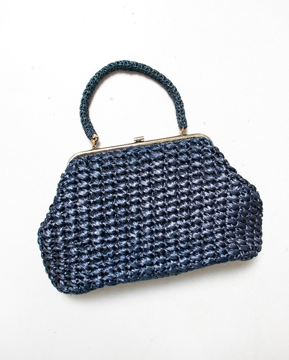 Vintage 1960s Purse Blue Woven Raffia Hand Bag 60s