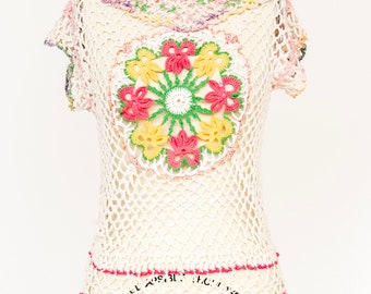 1970s Crochet Blouse Semi Sheer Cotton Top S/M