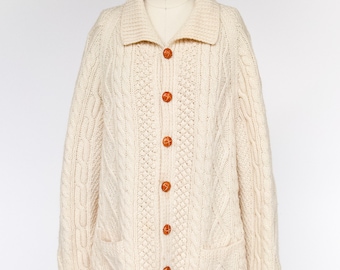 1970s Irish Wool Cardigan Fisherman Sweater Knit L