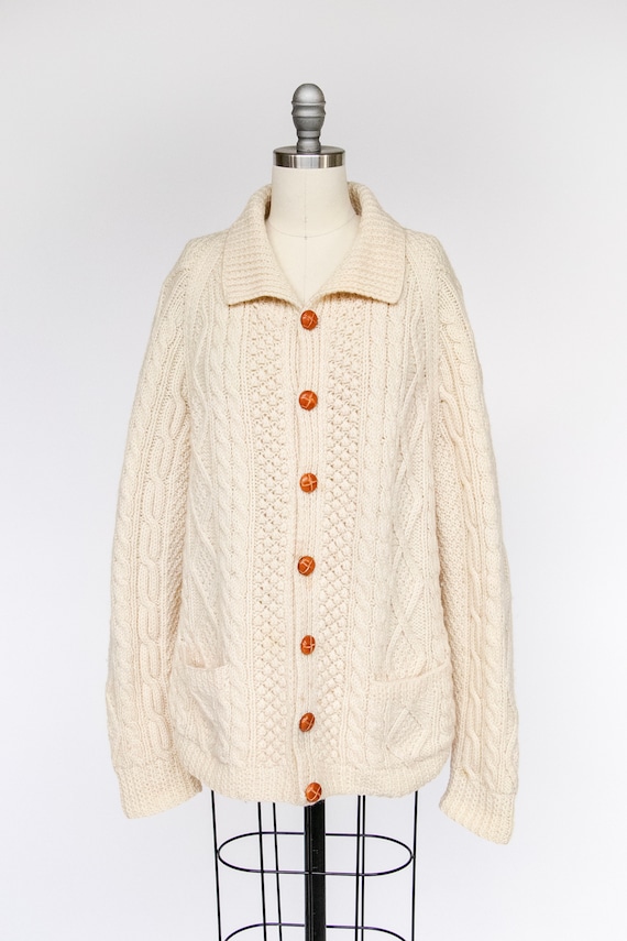 1970s Irish Wool Cardigan Fisherman Sweater Knit L