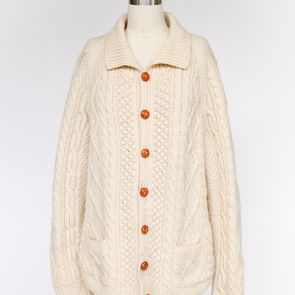 1970s Irish Wool Cardigan Fisherman Sweater Knit L