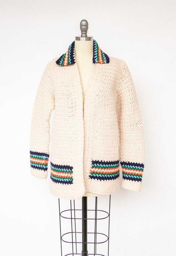 1970s Sweater Hand Knit Chunky Grannie Cardigan M - image 1