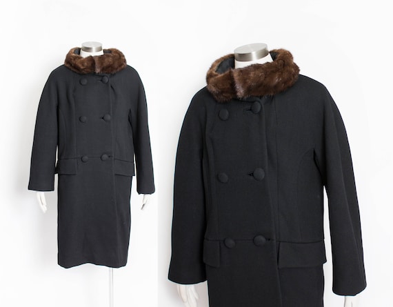 1960s Coat Wool Mink Fur Trim L / M